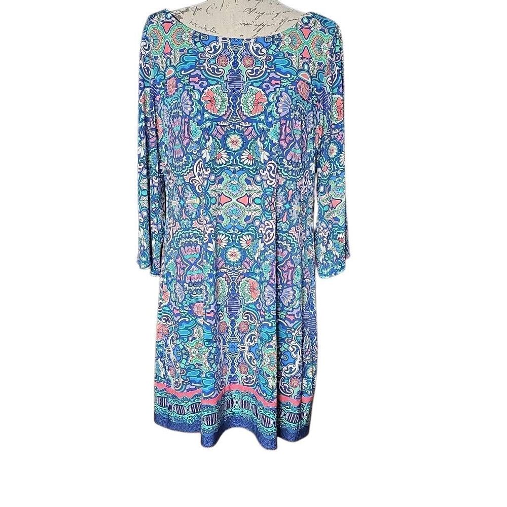 Laundry by Shelli Segal Women's Size Large Blue Floral Paisley Bell Sleeve Dress